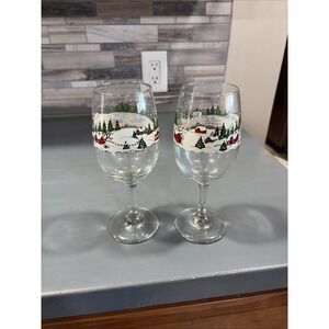 Libbey Currier Ives Wine Glasses Water Goblet Christmas Winter Scene Set of 2
